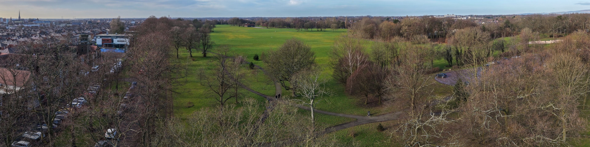 Aerial panorama of Moor Park sports courts and historic parkland in Preston, Lancashire.