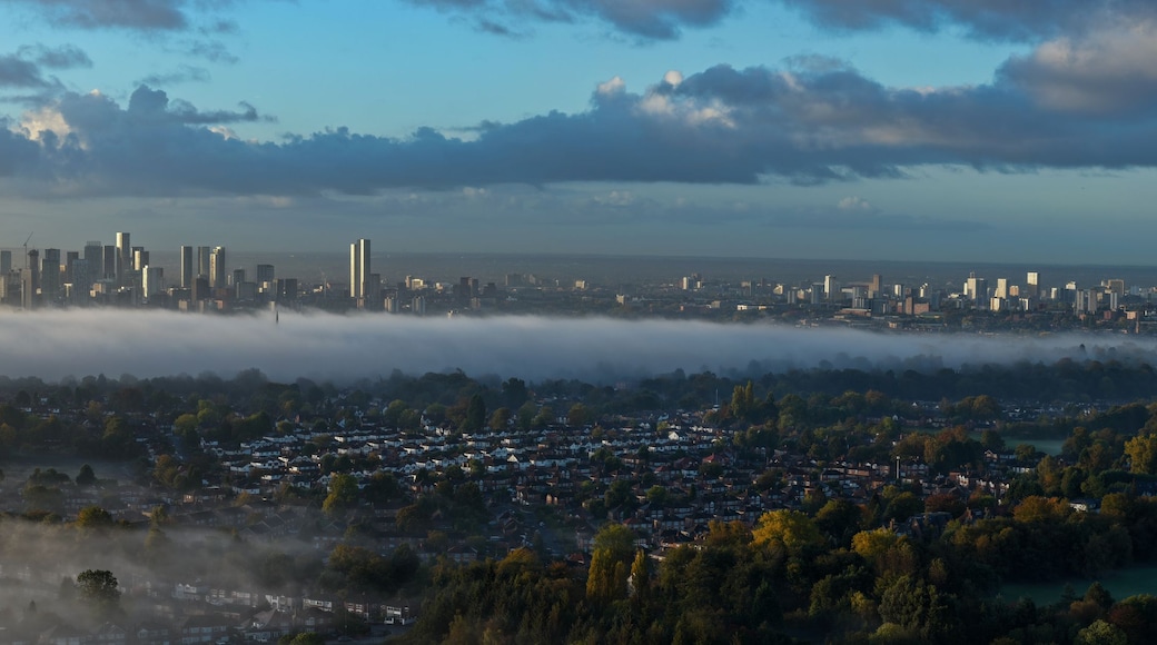 Manchester skyline above a band of fog, aerial view from Heaton Park over suburbs and autumn trees at sunrise, Greater Manchester, UK