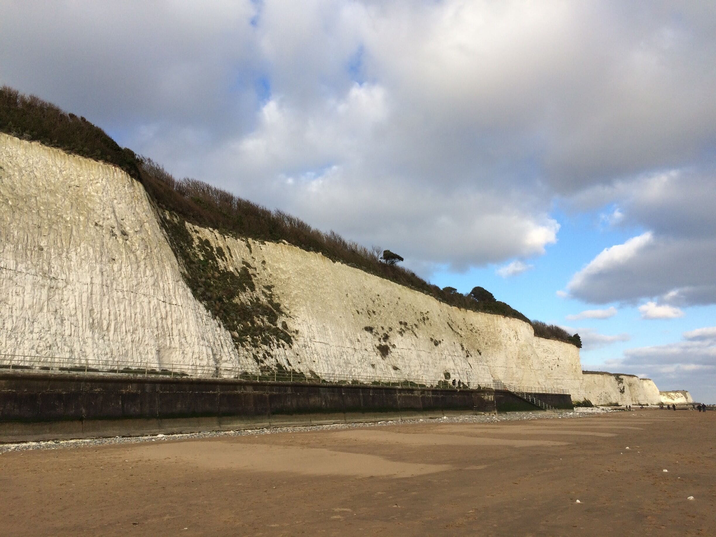 A coastal cliff with a sandy beach in the foreground.