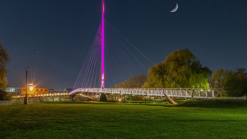 A bridge with a tall central tower, a crescent moon, and a park with grass and trees.