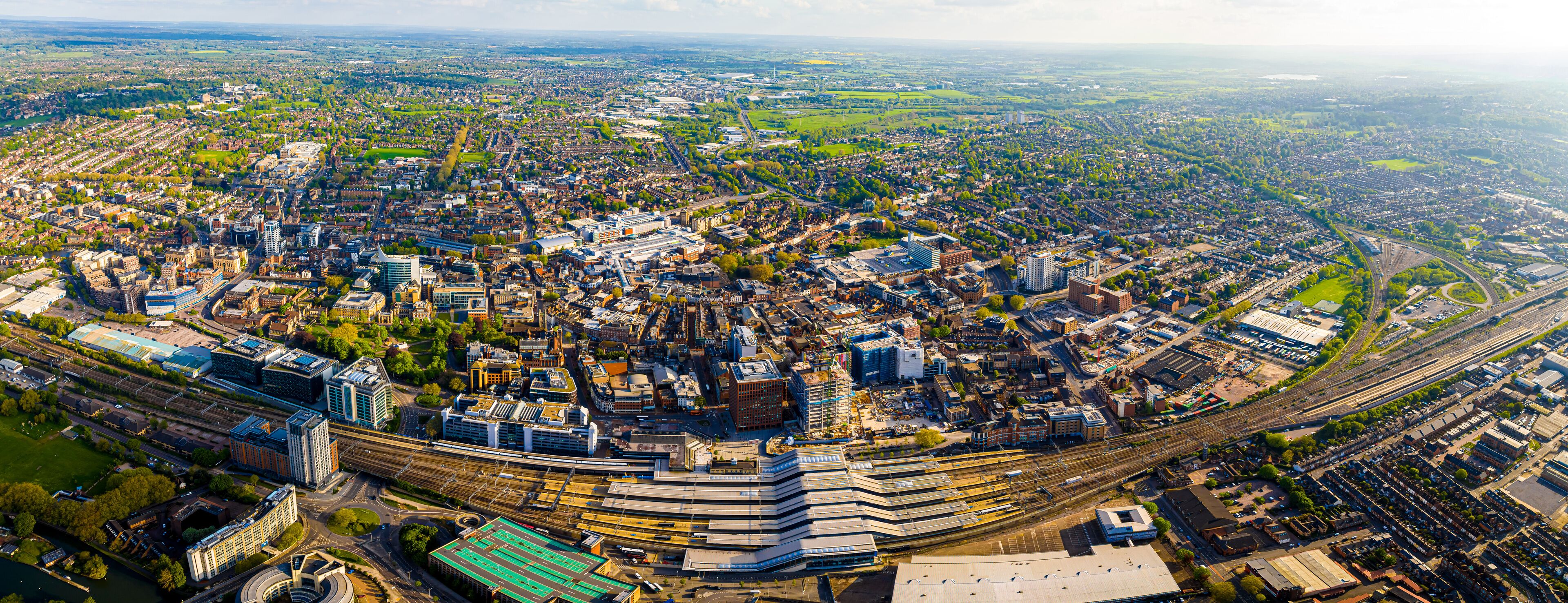 Aerial view of Reading, a large town on the Thames and Kennet rivers in southern England