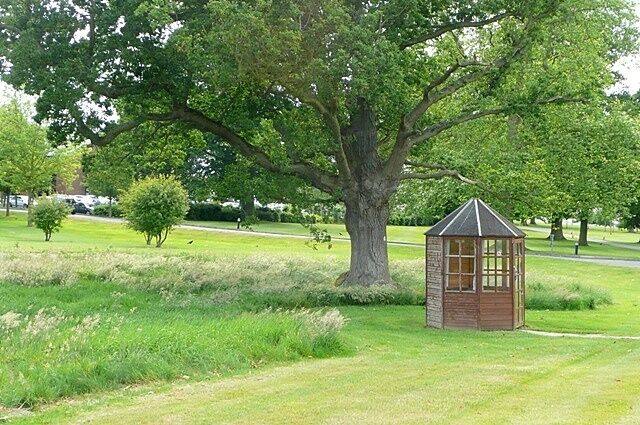 Driveway to Wokefield Park By the driveway was this hut. A bus shelter? I don't think so. It is most likely to be a shelter for golfers if they get caught out on the rather exposed course.