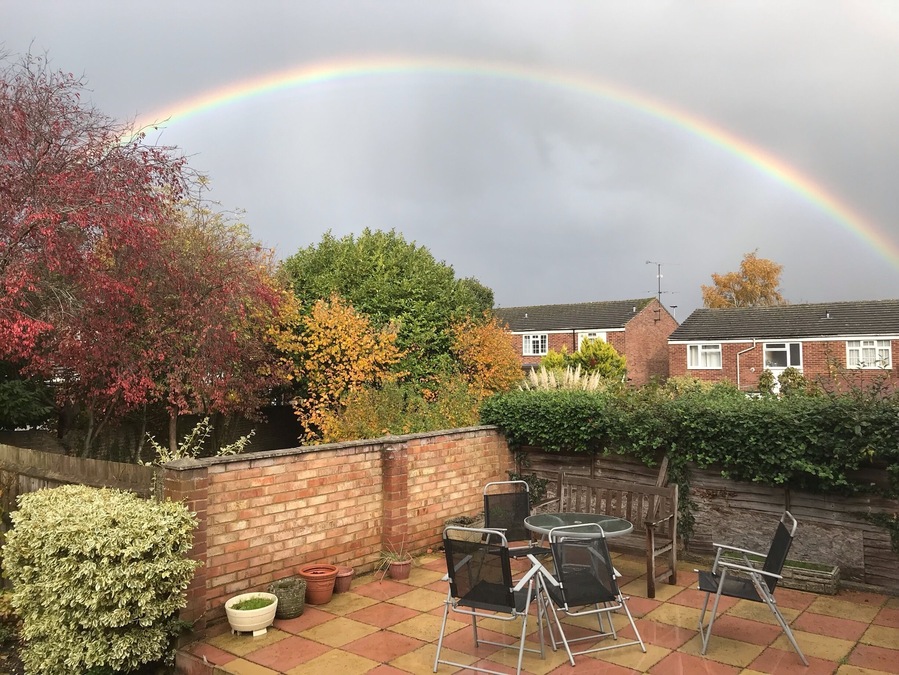 Rainbows on a grey sky from my garden beautiful against the autumn colours