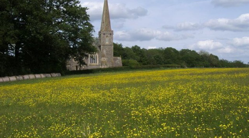 View northeast across a field at Midgham, Berkshire to St Matthew's parish church