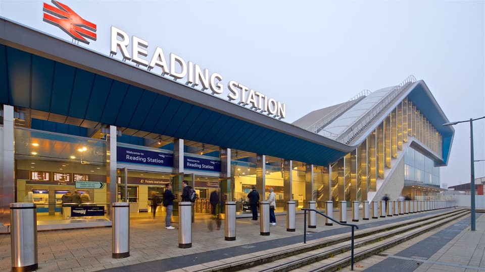 Reading Station with a modern design, including a large sign, ticket counters, and a covered entrance.