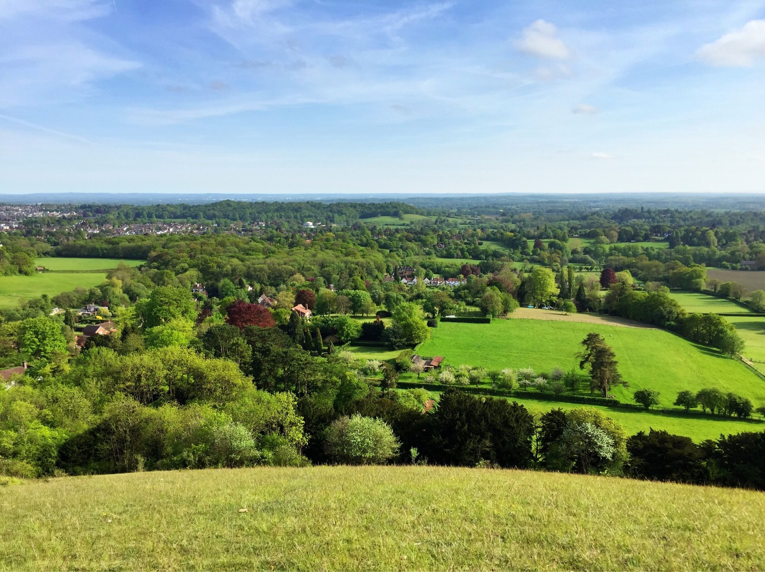 A lush green landscape with rolling hills, scattered houses, and a distant town.