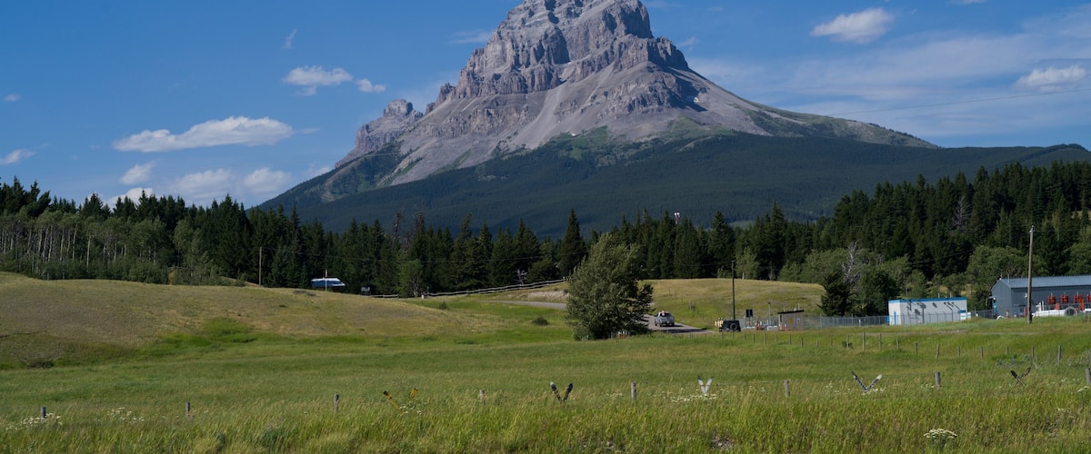 A mountain with a peak, surrounded by a forest and a small building.