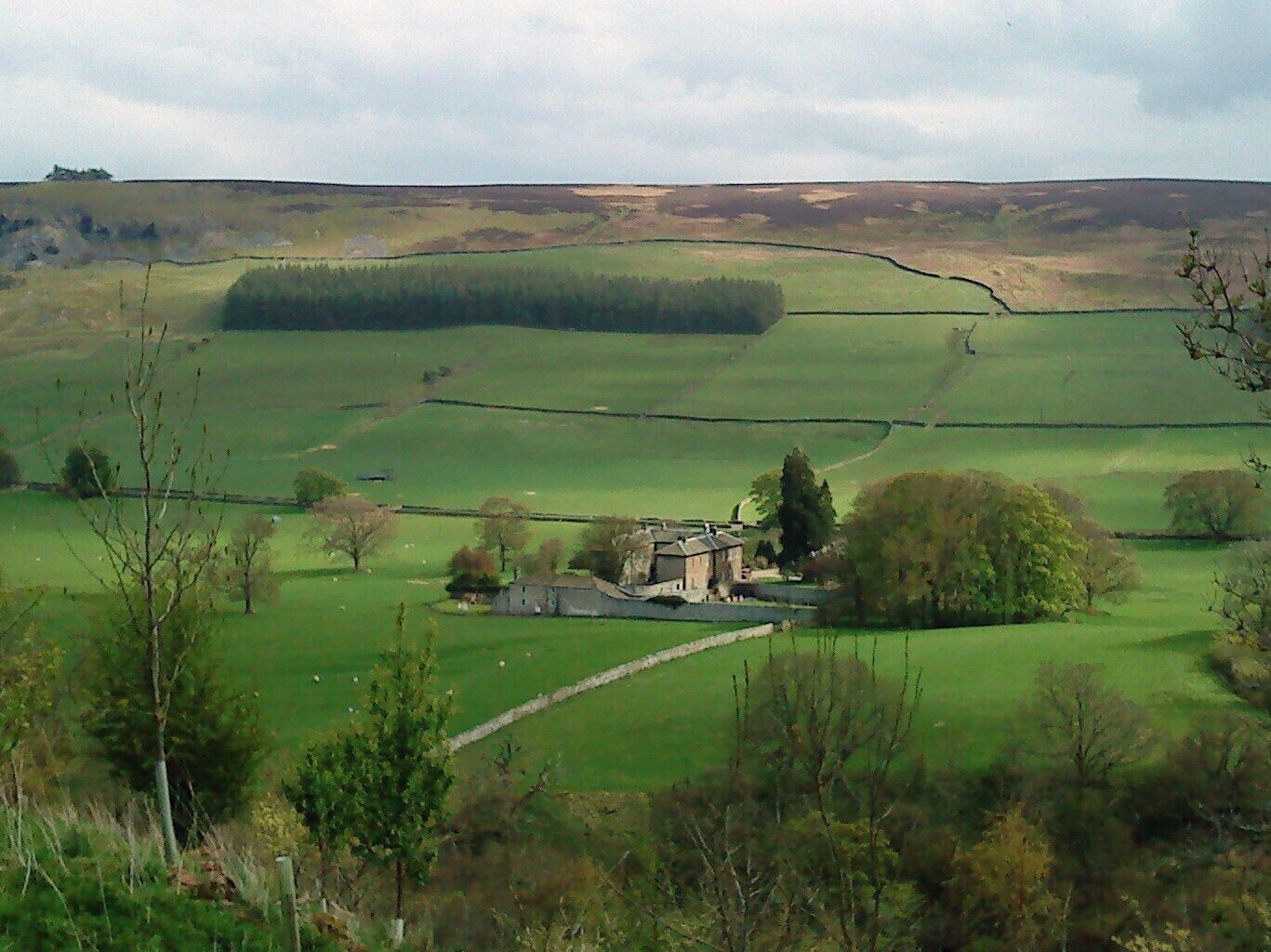 A rural landscape with rolling green fields, a stone house, and a distant hill.