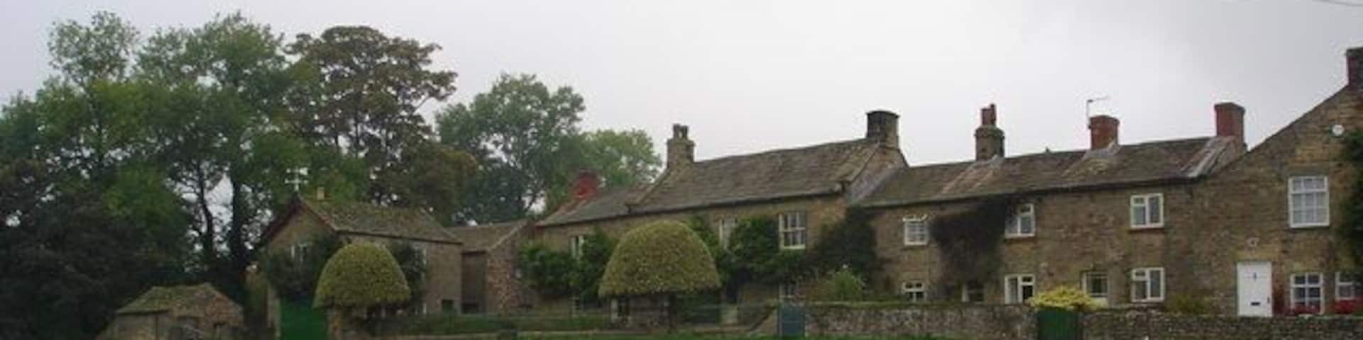 A row of stone houses with a green lawn in front.