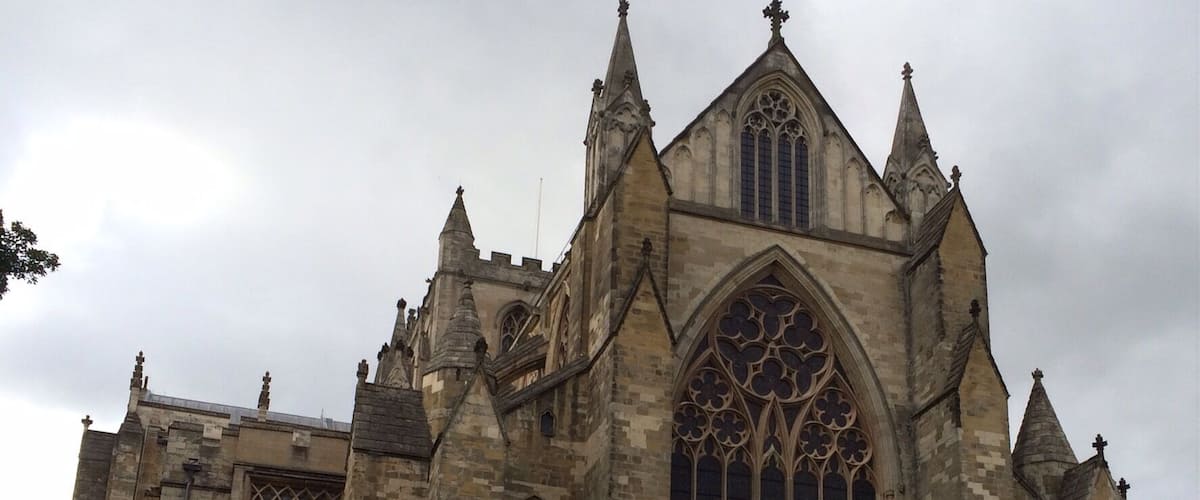A Gothic-style church with pointed arches and a large rose window.