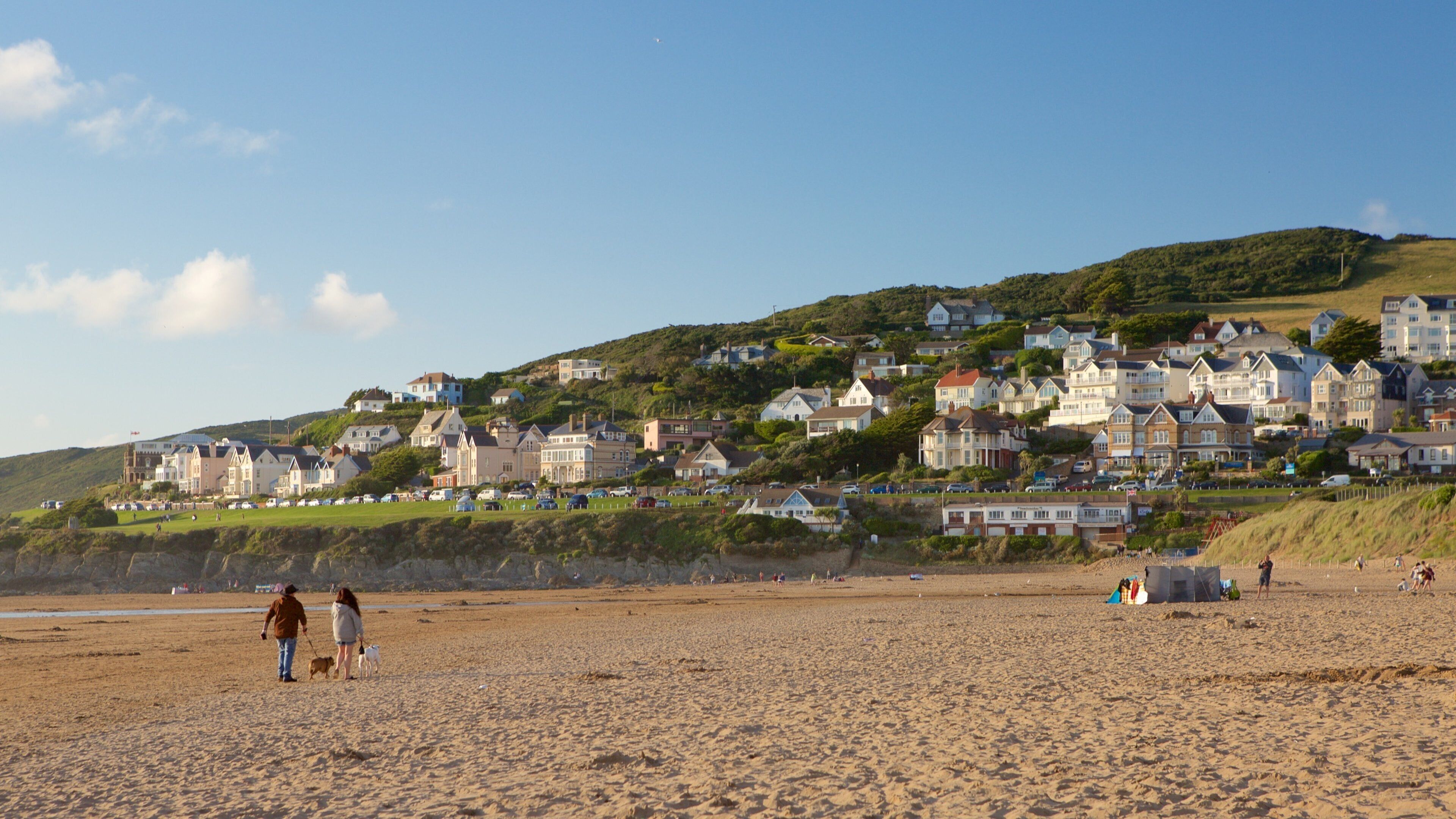 A sandy beach with people walking dogs, a grassy hill with houses, and a clear blue sky.
