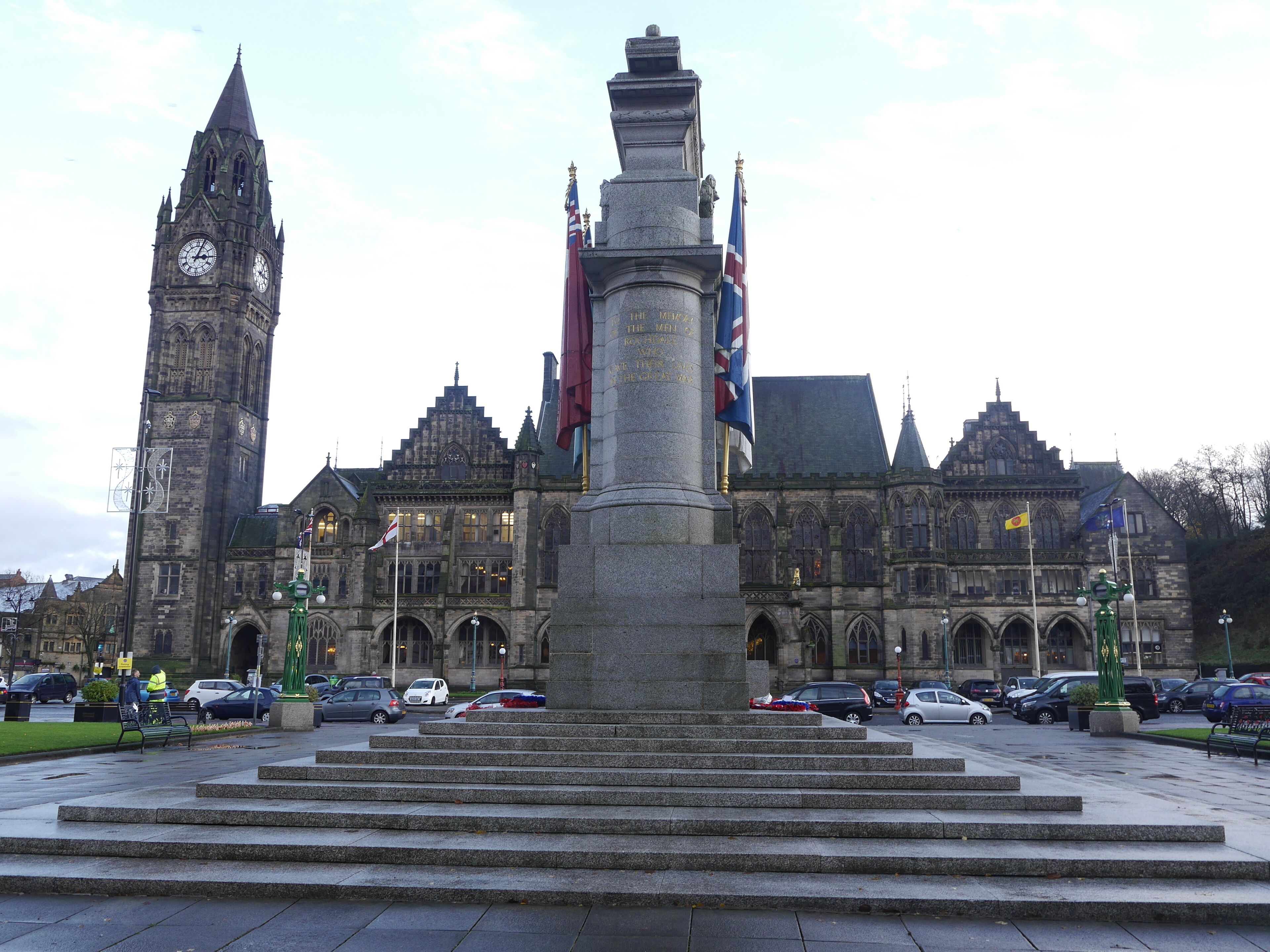 The Rochdale Cenotaph in Greater Manchester, photographed from the northwest in November 2017. The town hall is in the background.