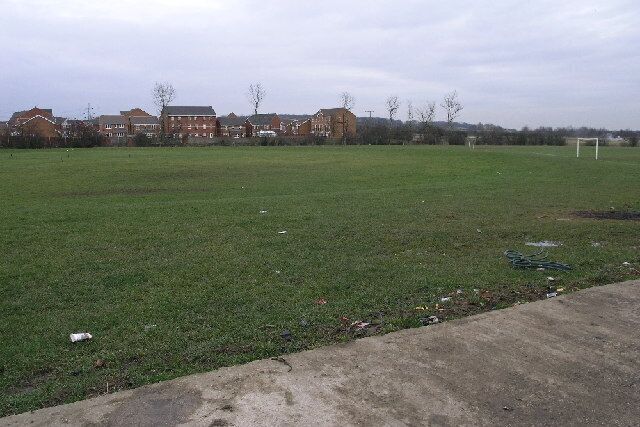 Grass Track. Although difficult to see on this image the curved banking in the grass is a cycle grass track, or at least one end of it. This track is just one part of the sports facilities of Thurcroft Welfare which the miners of the former colliery would have enjoyed.