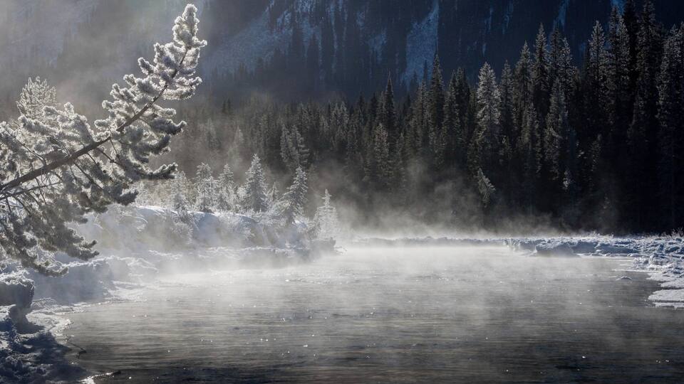 A serene frozen river with snow-covered trees and mountains in the background.
