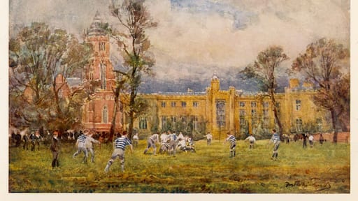 Rugby School with pupils playing rugby. Date: 1906