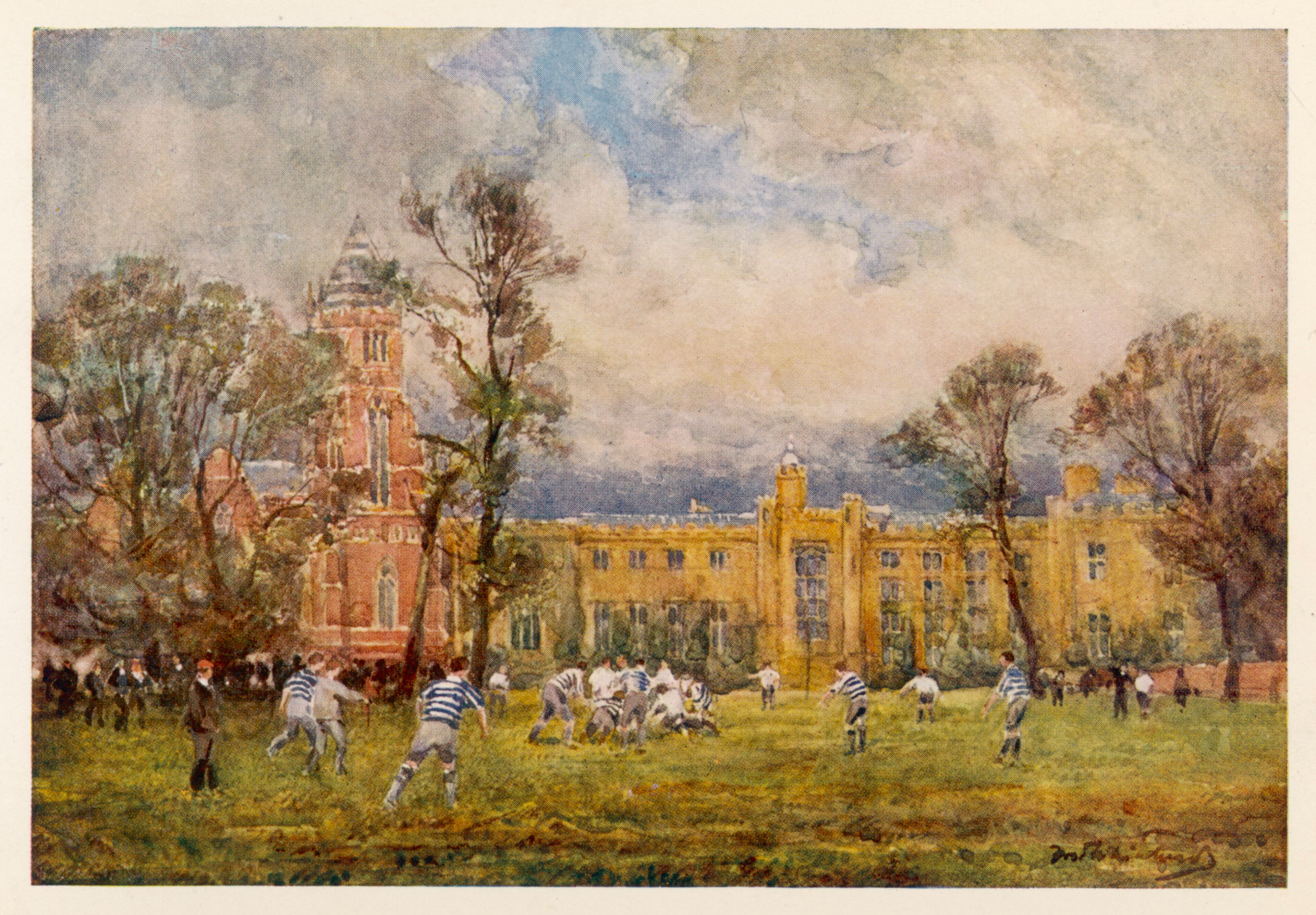 A historical building with a tower, surrounded by trees and a grassy field where people are playing a game.