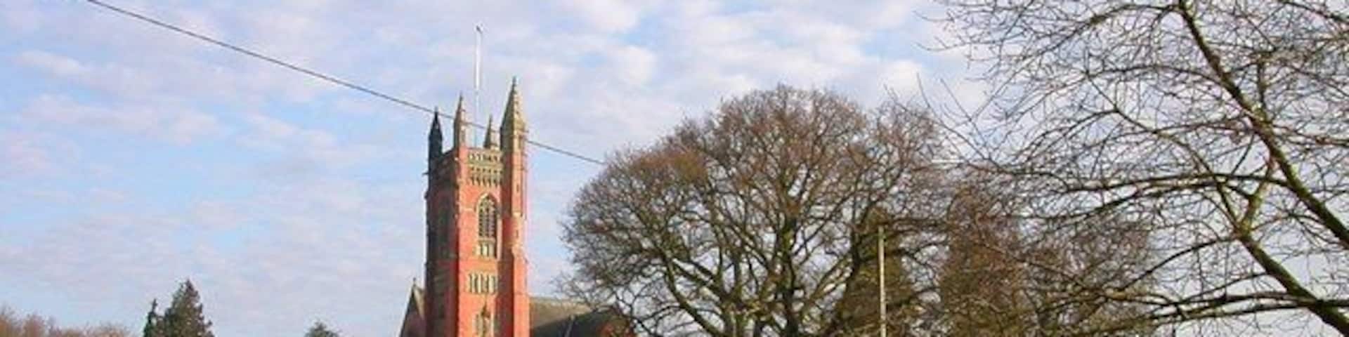 A church with a tall tower, a green field, and leafless trees.