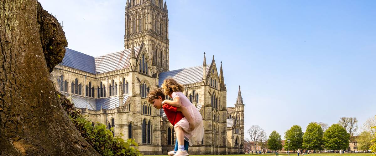 A cathedral with a tall spire, a large tree, and a grassy area in front.