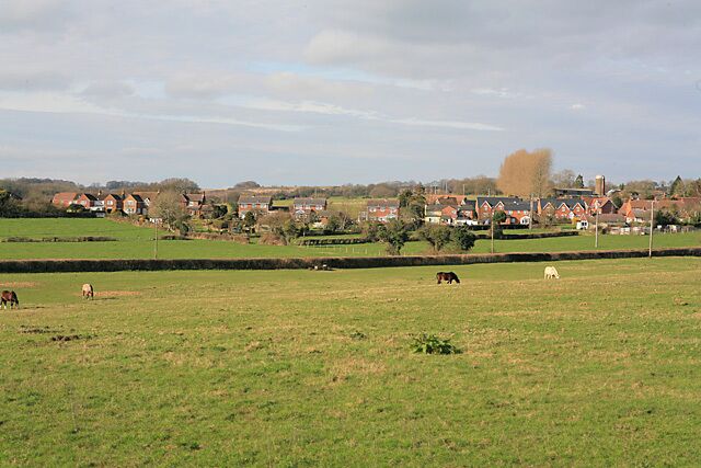 A rural landscape with green fields, a few horses grazing, and houses in the background.