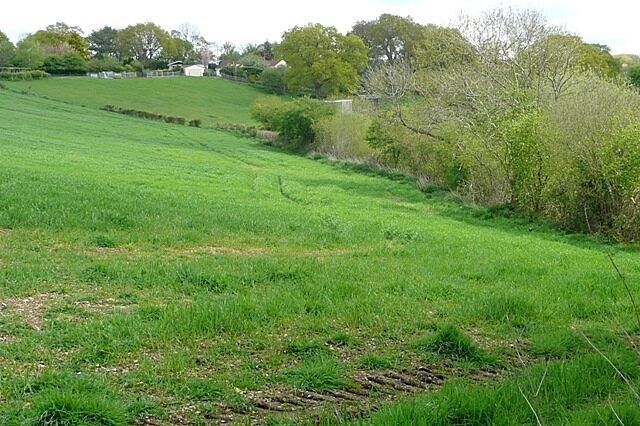 A green field with a fence, trees, and a building in the background.