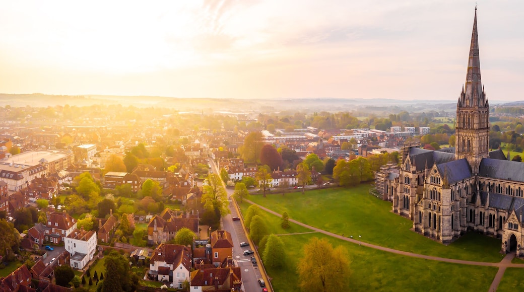 Aerial view of Salisbury cathedral in the spring morning