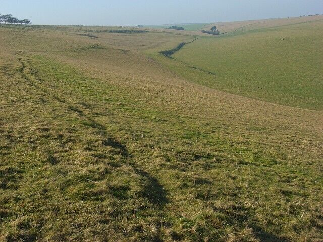 Parsonage Down A sheep track here contours the hillside with an earthwork in evidence in the valley below.