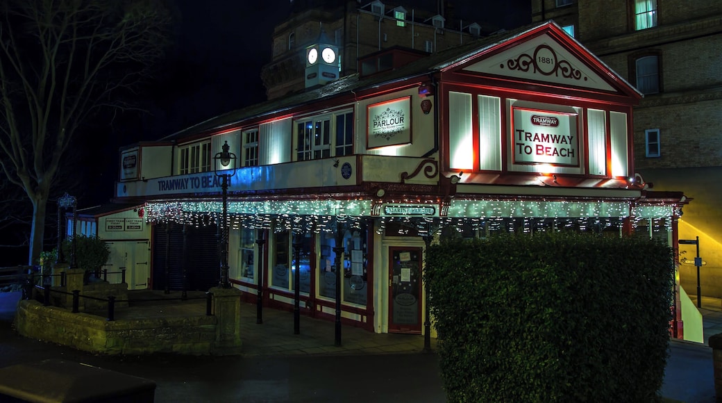 This is the famous Tramway down to the beach in Scarborough North Yorkshire, behind the building you will also see the black tower of what was once the largest hotel in Europe "The Grand Hotel"