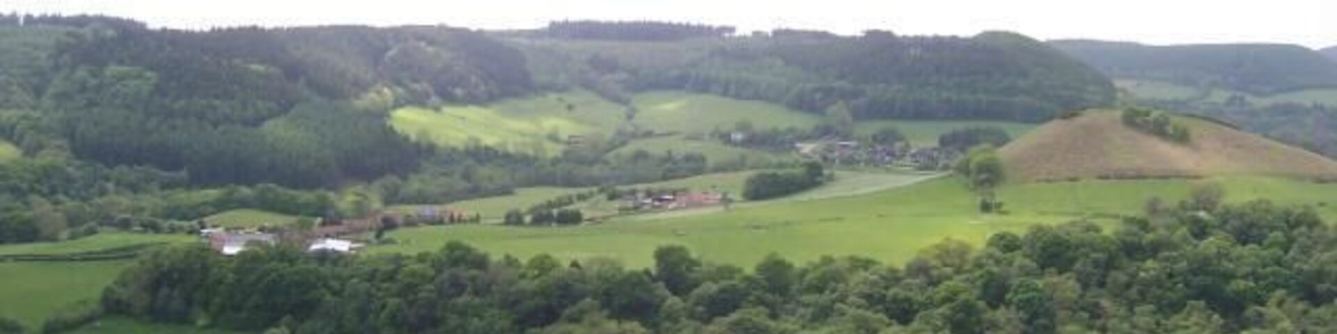 Rolling hills, green fields, and scattered houses in a rural landscape.