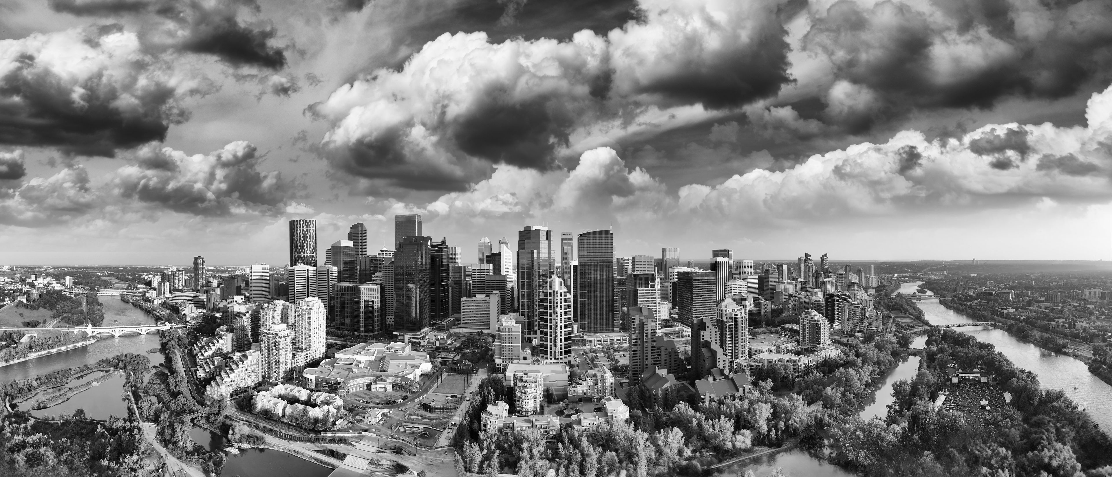 Panoramic aerial view of Calgary at sunset, Alberta - Canada