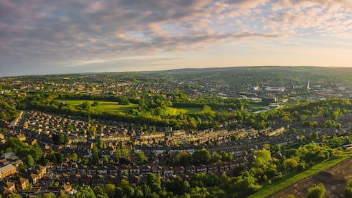 A panoramic view of a city with a river, green parks, and residential areas.