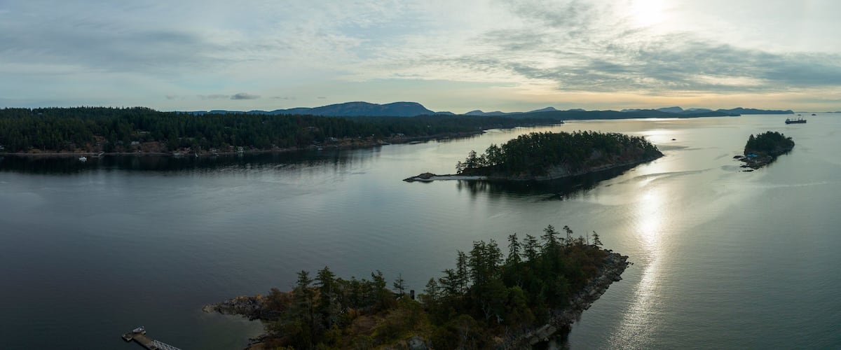 A calm lake with a small island in the center, surrounded by dense forests and distant mountains.