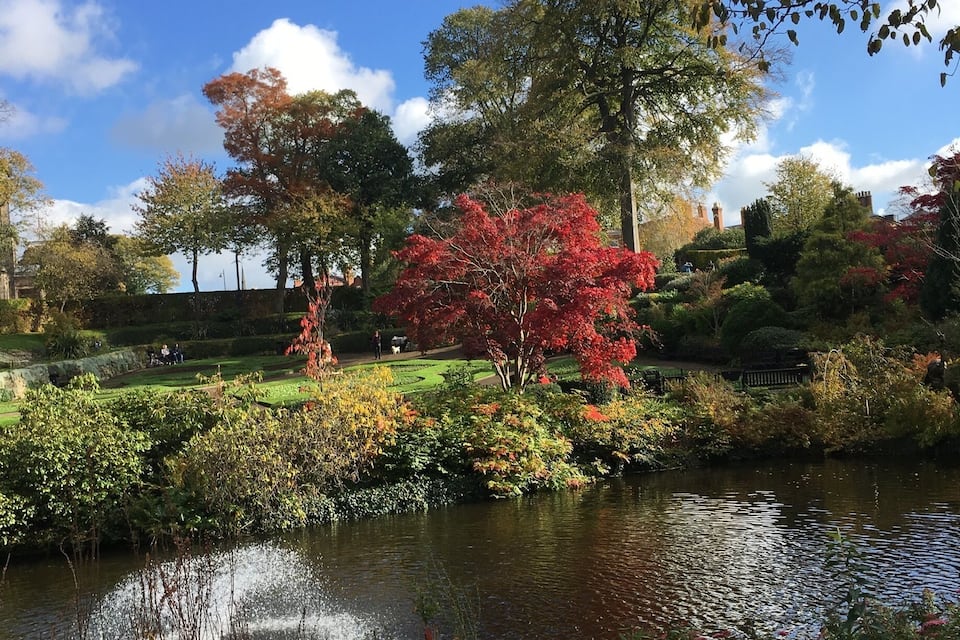 Un parc tranquil amb una bassa, vegetació abundant i arbres de colors tardanes.