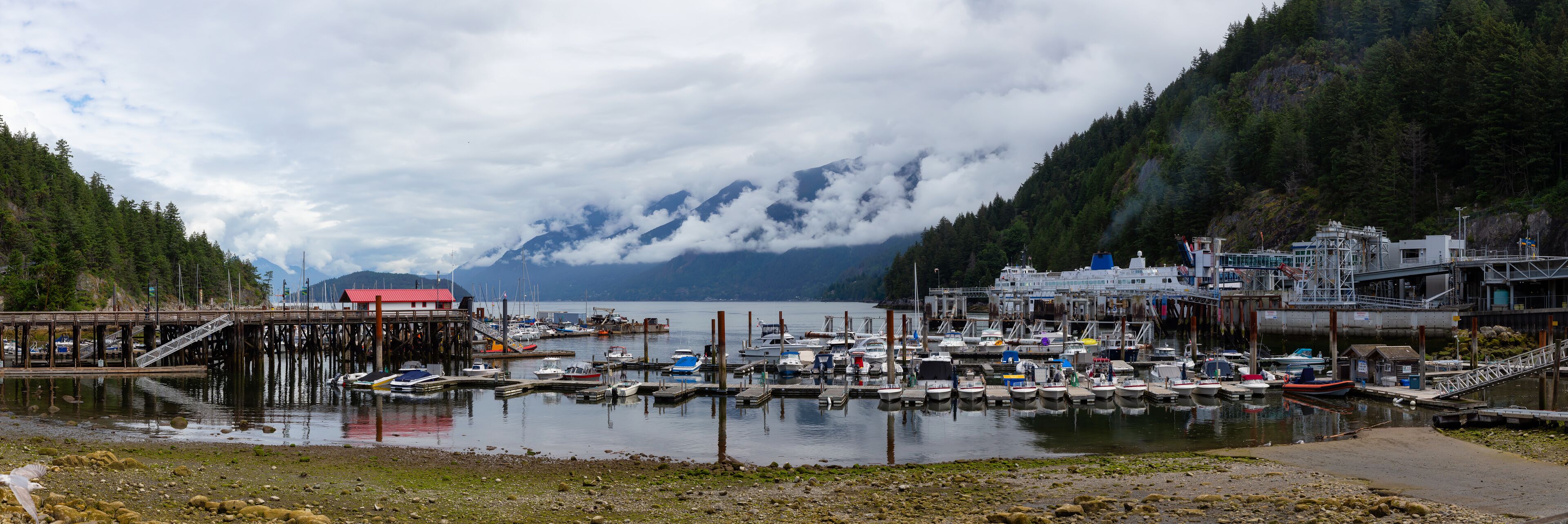 West Vancouver, British Columbia, Canada. Beautiful Panoramic View of Marina in Horseshoe Bay with Howe Sound in Background.