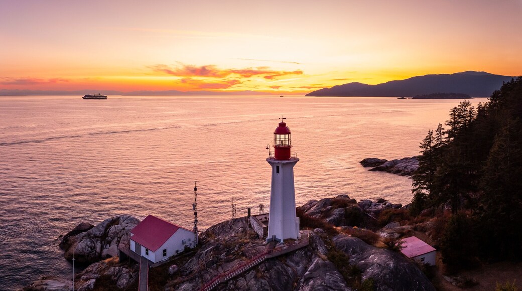 Lighthouse Park West Vancouver, aerial footage, ocean sunset, Horseshoe Bay, rocky shoreline.