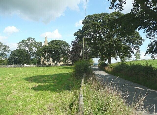 The lane to Bell Busk, Coniston Cold The church is at the top of the rise (why is this called 'Hospital Hill'?), and then the lane drops down to Gill Syke and the River Aire at Bell Busk.