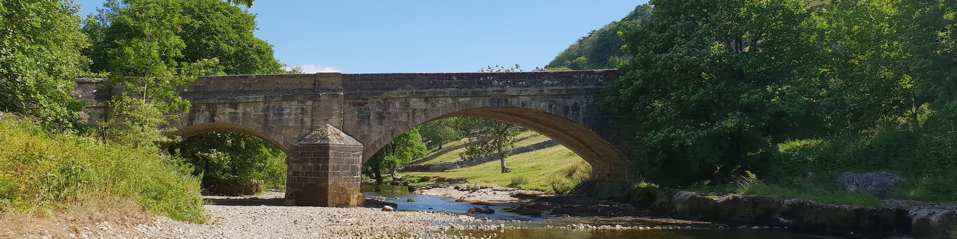 The 'New' Bridge over the River Wharfe in Kettlewell, Yorkshire. The view is looking downstream.