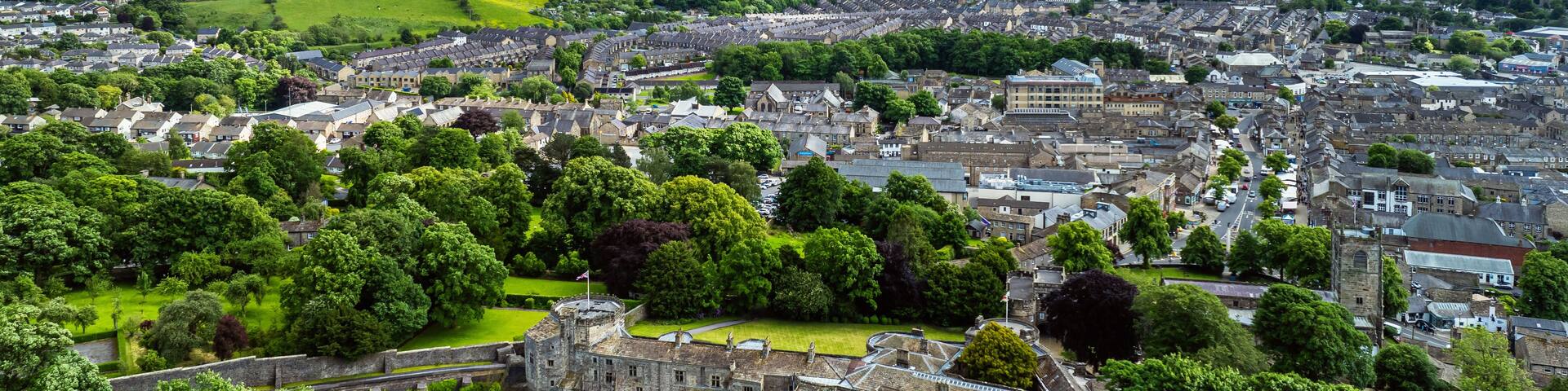Skipton Castle from a drone, North Yorkshire, England