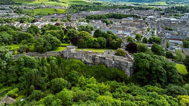 Uma cidade histórica com um castelo, rodeada por vegetação exuberante e colinas ondulantes ao fundo.