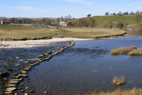 Stepping Stones to Linton Church. Steps across the River Wharfe leading to St Michaels and All Angels Church.