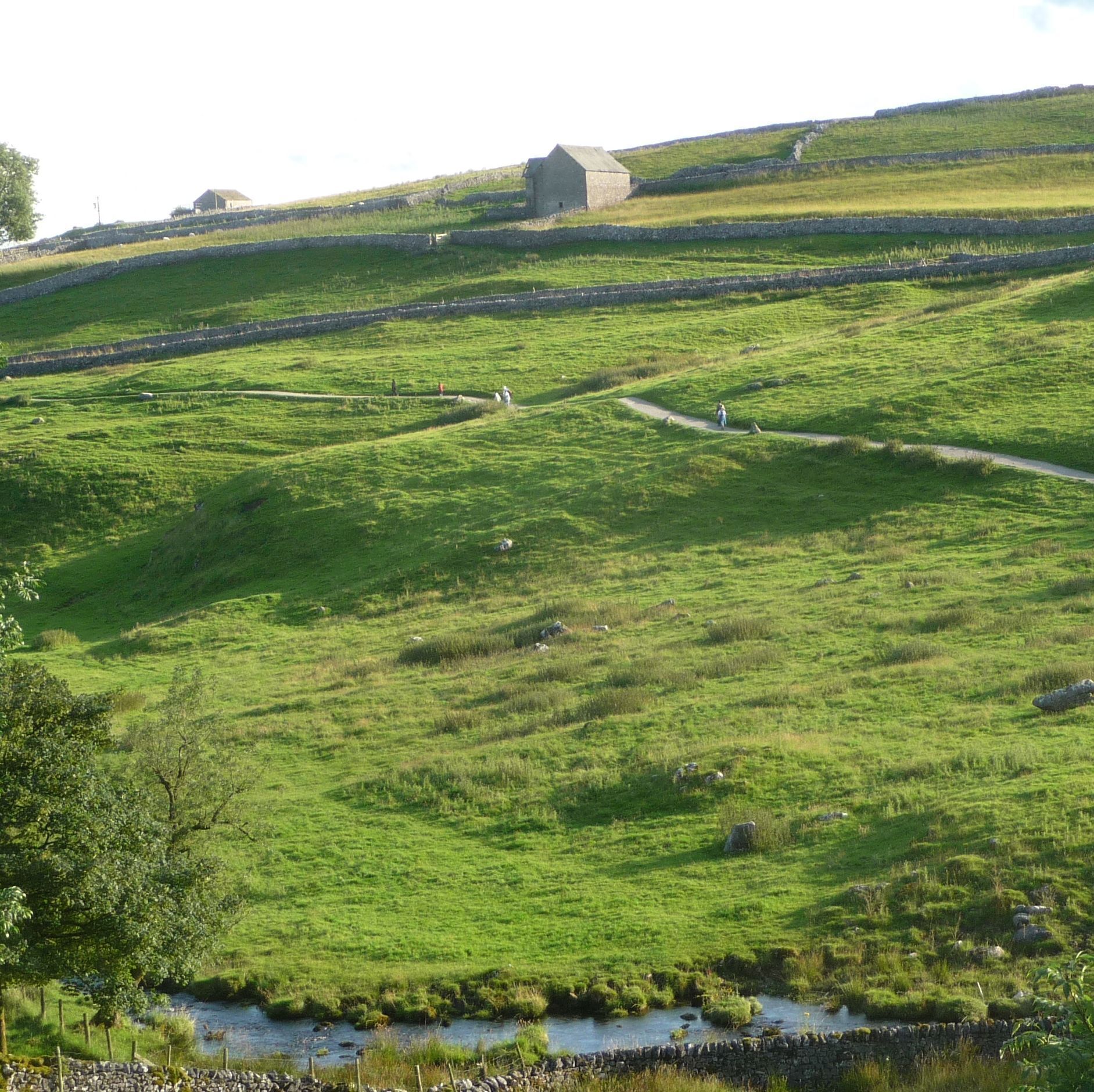 A green hillside with stone walls and a small stream.