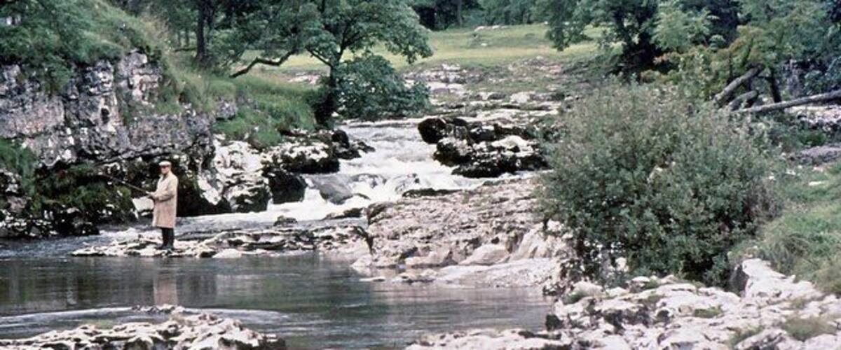 A rocky riverbank with a person standing by the water, surrounded by dense green trees.