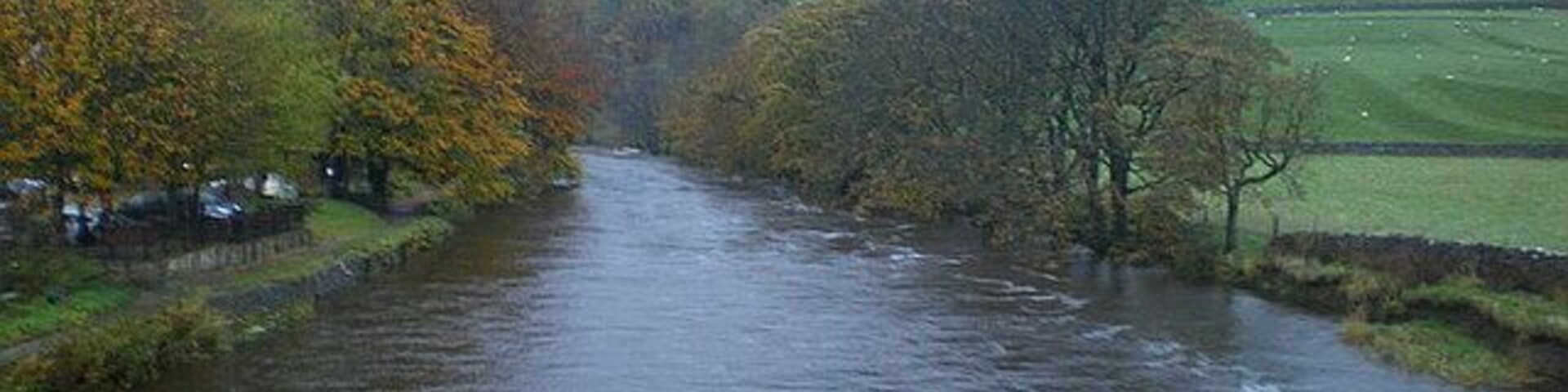 Un río fluye por un valle con árboles a ambos lados y un paisaje montañoso en el fondo.