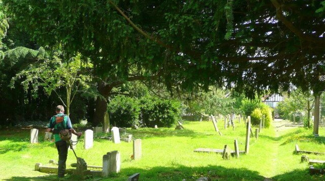 Churchyard maintenance. A team of strimmer operatives are at work at St. Mary's this afternoon.