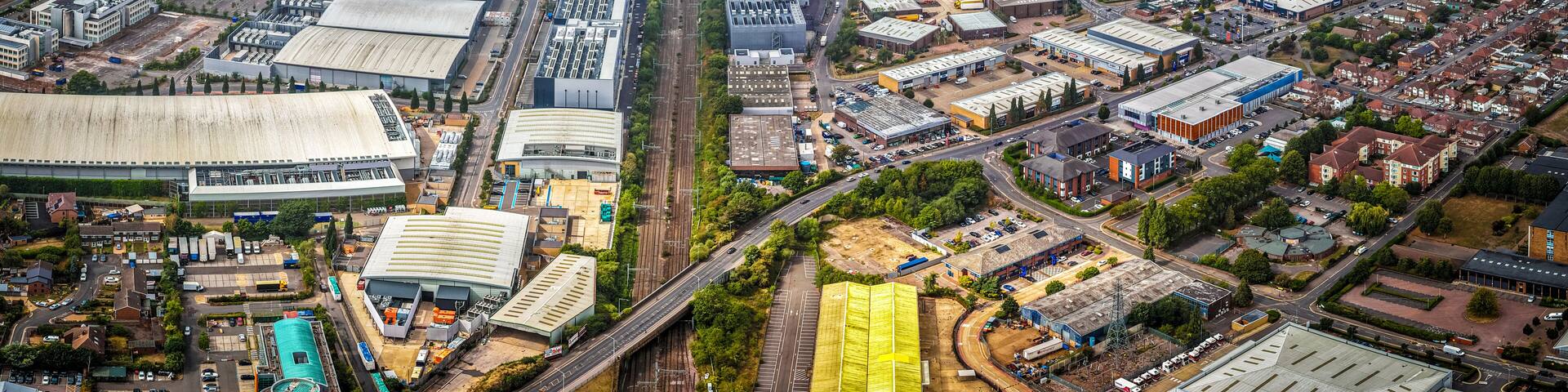 Aerial view of Slough Trading Estate with industrial buildings and surrounding housing