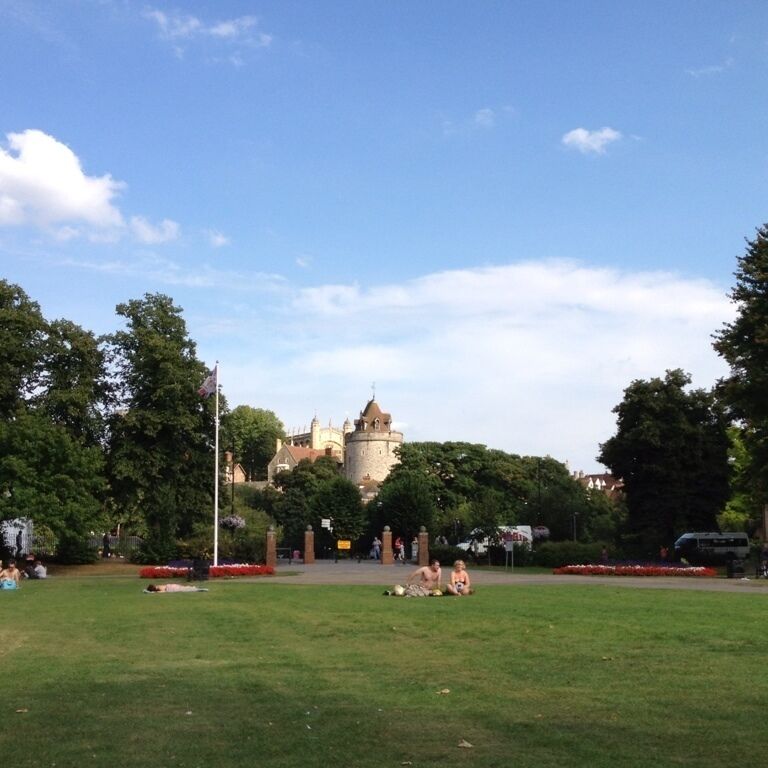 In the park for tea, castle in the distance.