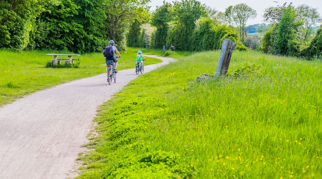 People walking and riding bicycles. Greenway hiking and cycling trail Stratford upon Avon Warwickshire England UK