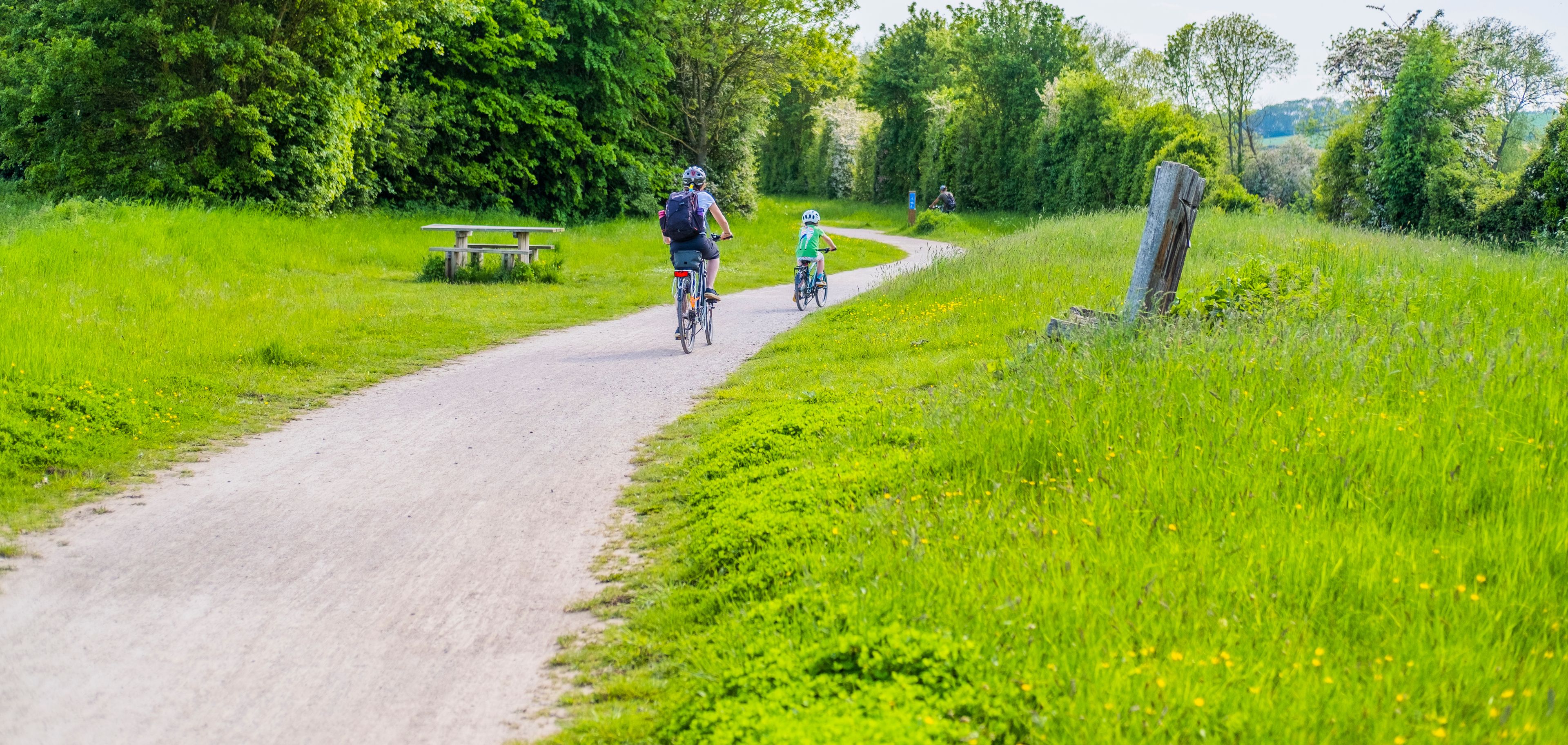 A gravel path with cyclists, surrounded by lush greenery and a picnic table.