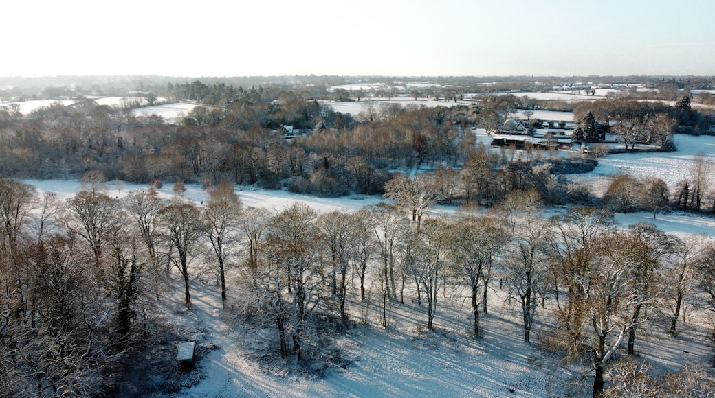 Aerial snow covered Solihull park and woodland scene, United Kingdom from drone