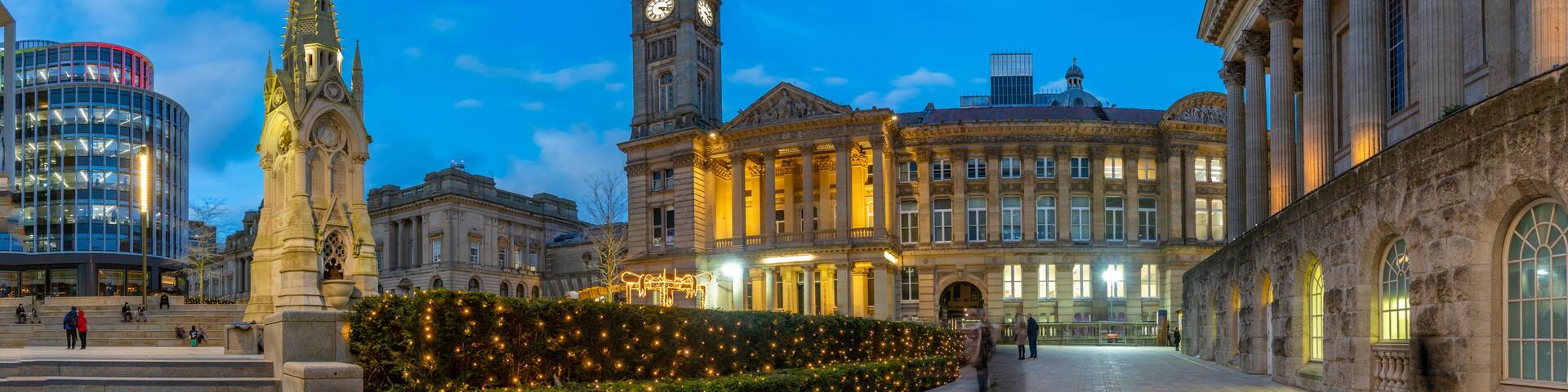 View of Chamberlain Memorial in Chamberlain Square at dusk, Birmingham, West Midlands, England, United Kingdom