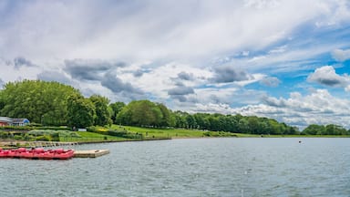 Sailing lake panorama in Fairlands Valley Park. Stevenage, UK